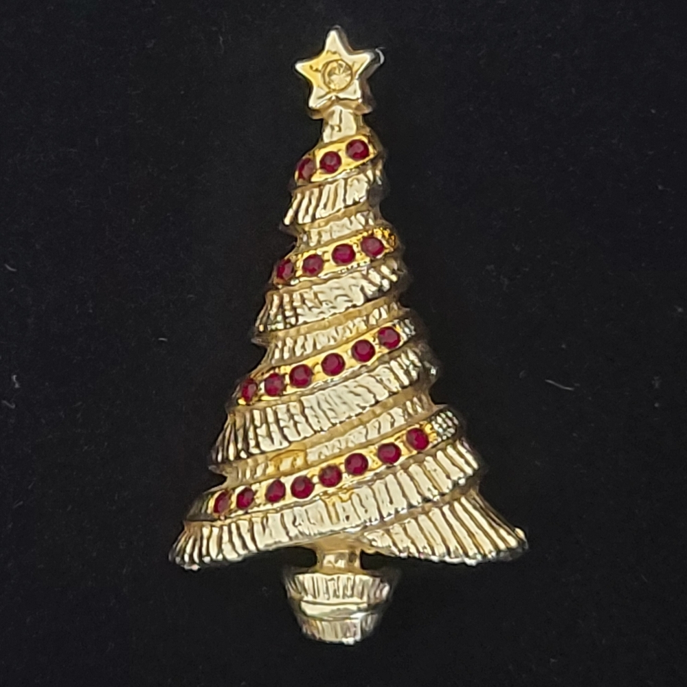 Vintage Gold Tone Christmas Tree Brooch Red Rhinestone Garland  2.25"